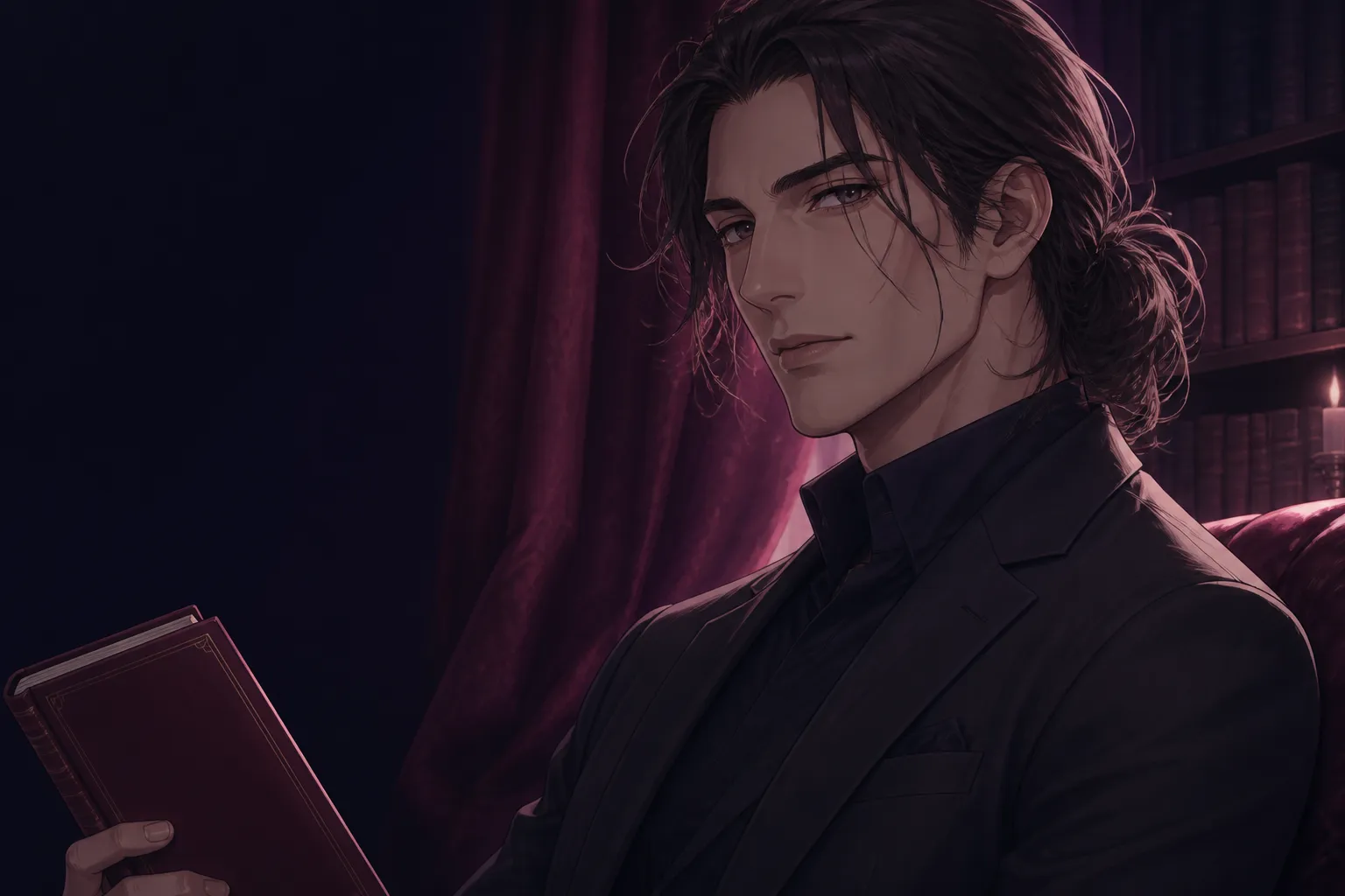 深夜の書斎で本を手にする成人男性のイラスト