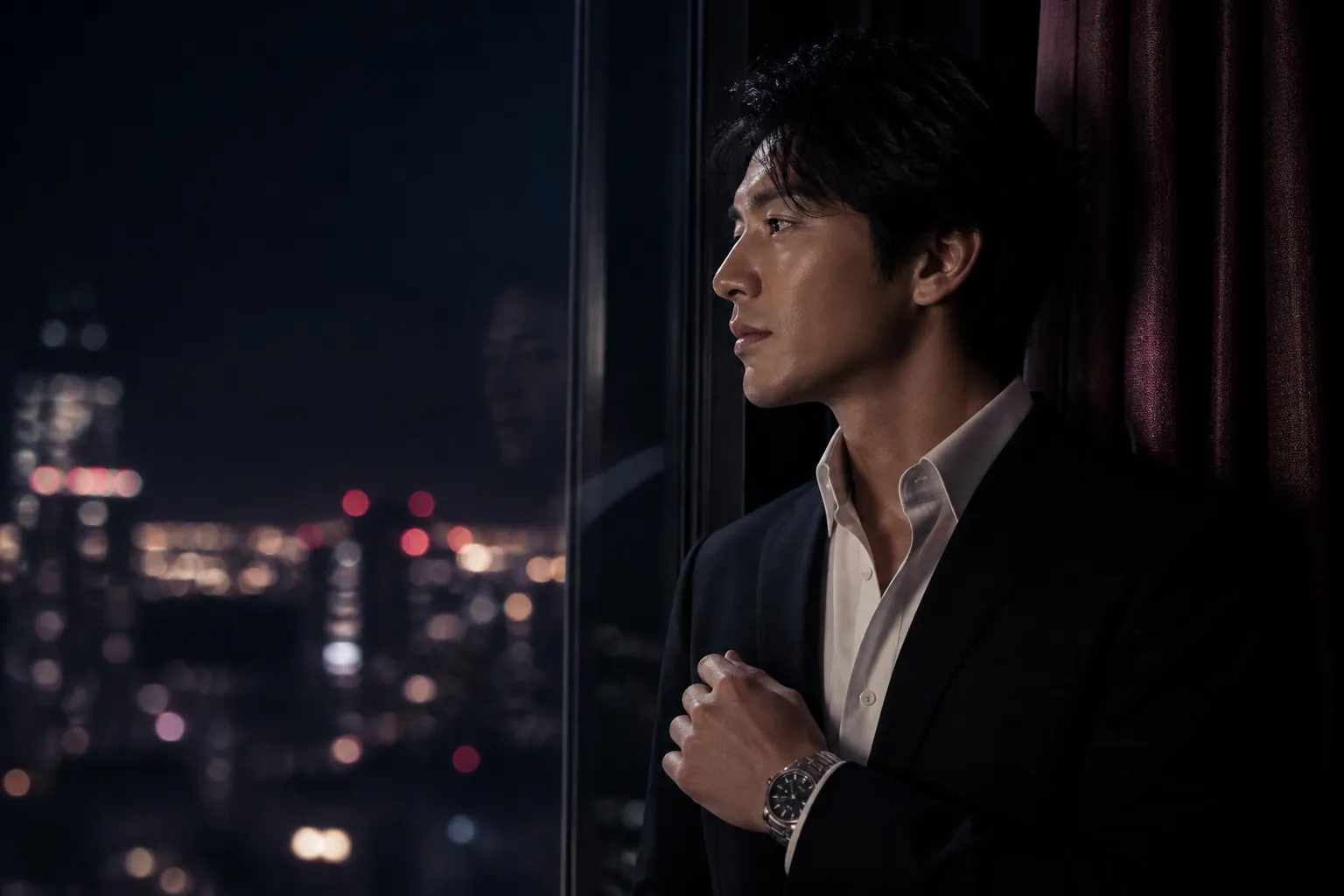 夜景を望む窓辺に立つスーツ姿の成人男性