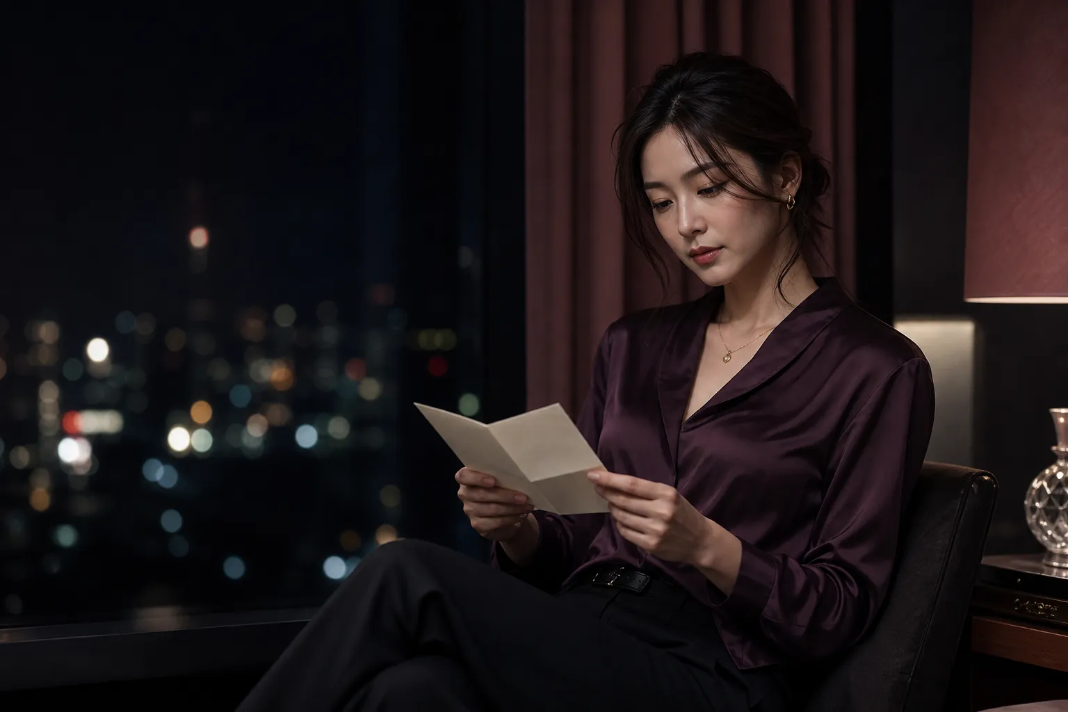 夜景を背に手紙を読む成人女性