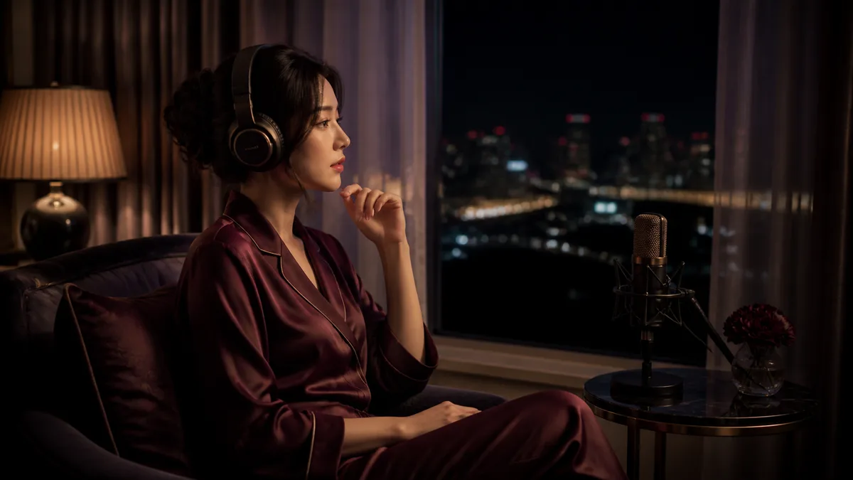 静かな夜にヘッドホンで音声作品を聴くための再生画面